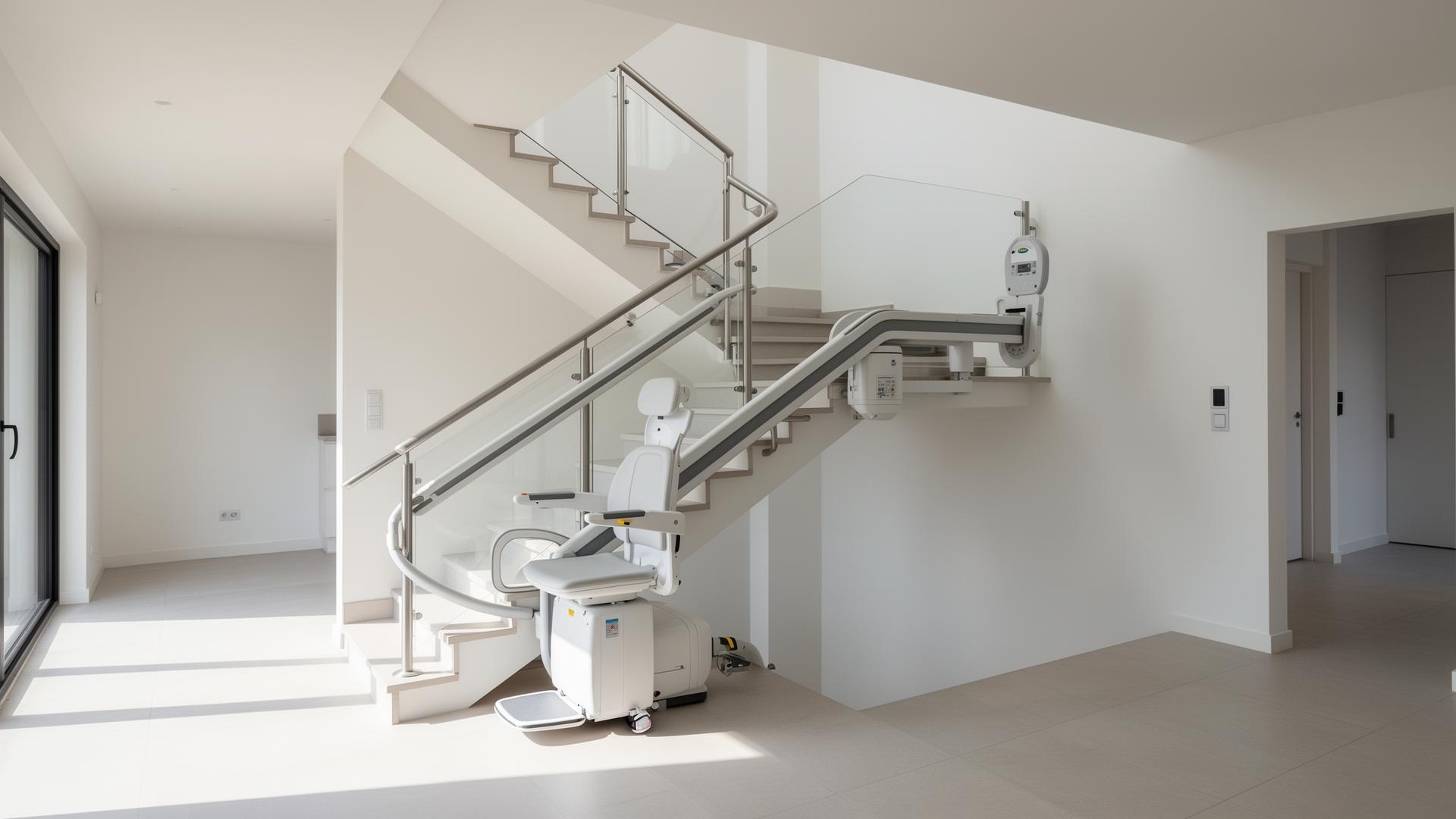 Moderner Treppenlift in hellem Einfamilienhaus für kurvige Treppen