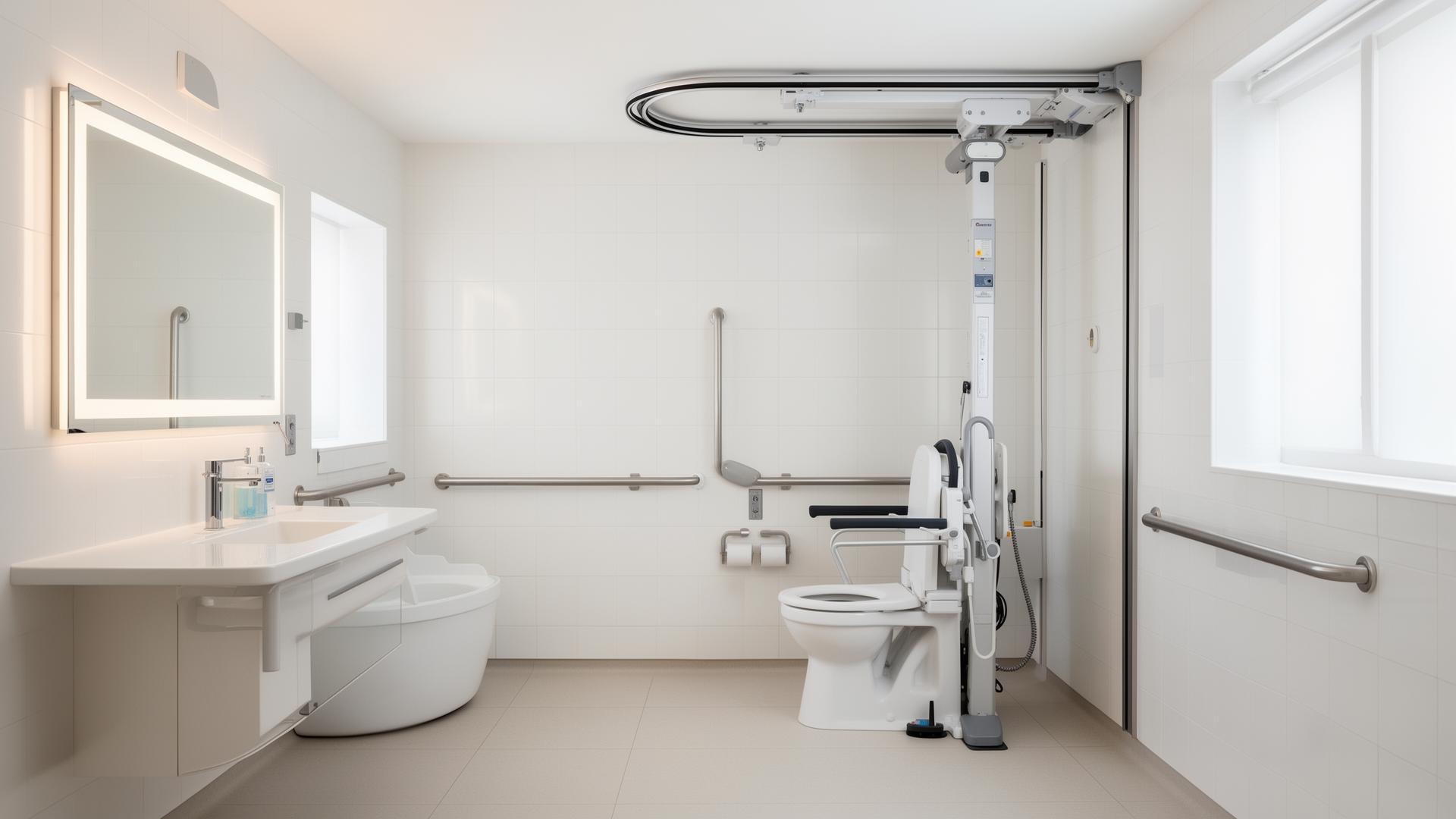Barrierefreies Badezimmer mit Deckenlifter-System und WC-Lifter
